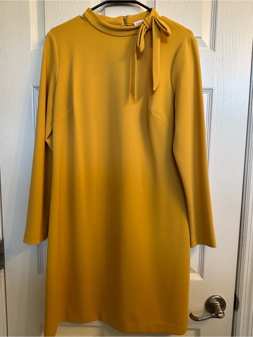 Calvin Klein Mustard Tie-Neck Long Sleeve Dress